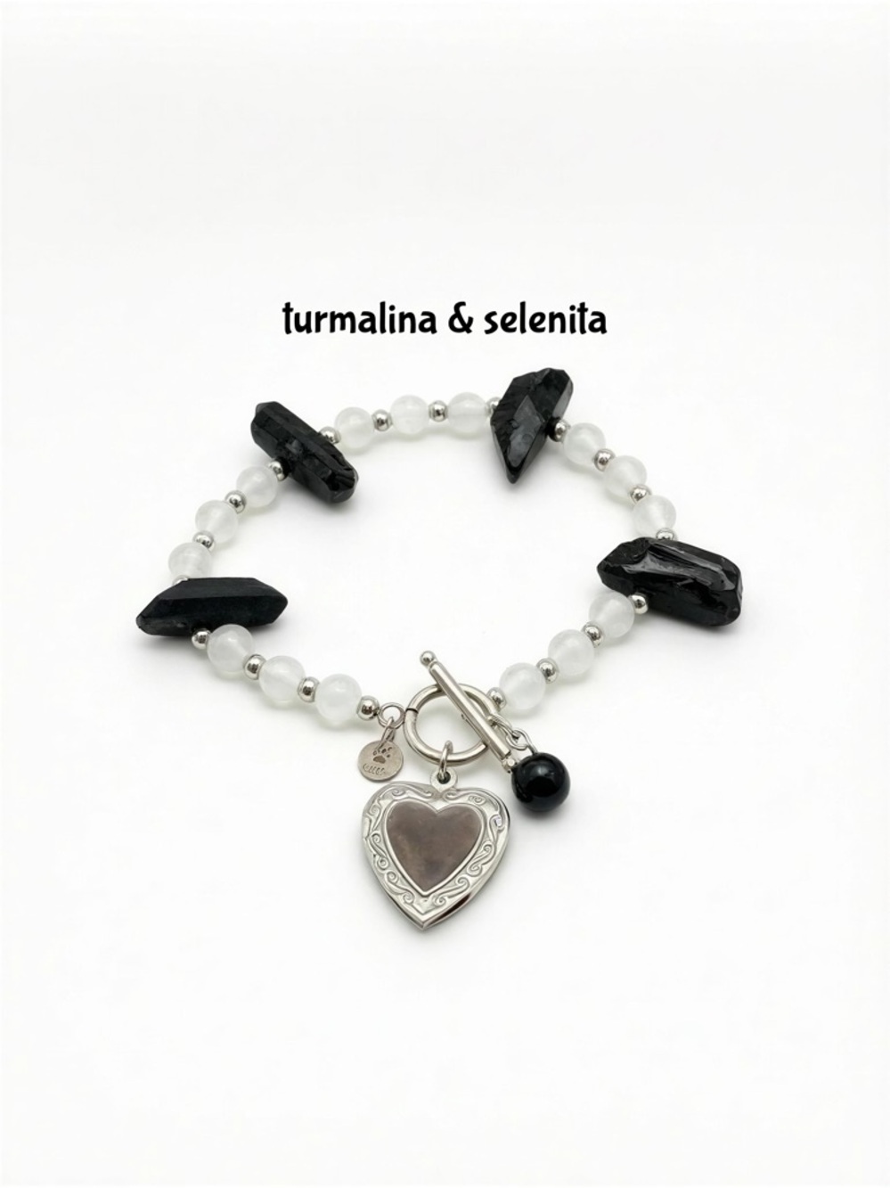 Black and White Beaded Heart Charm Bracelet